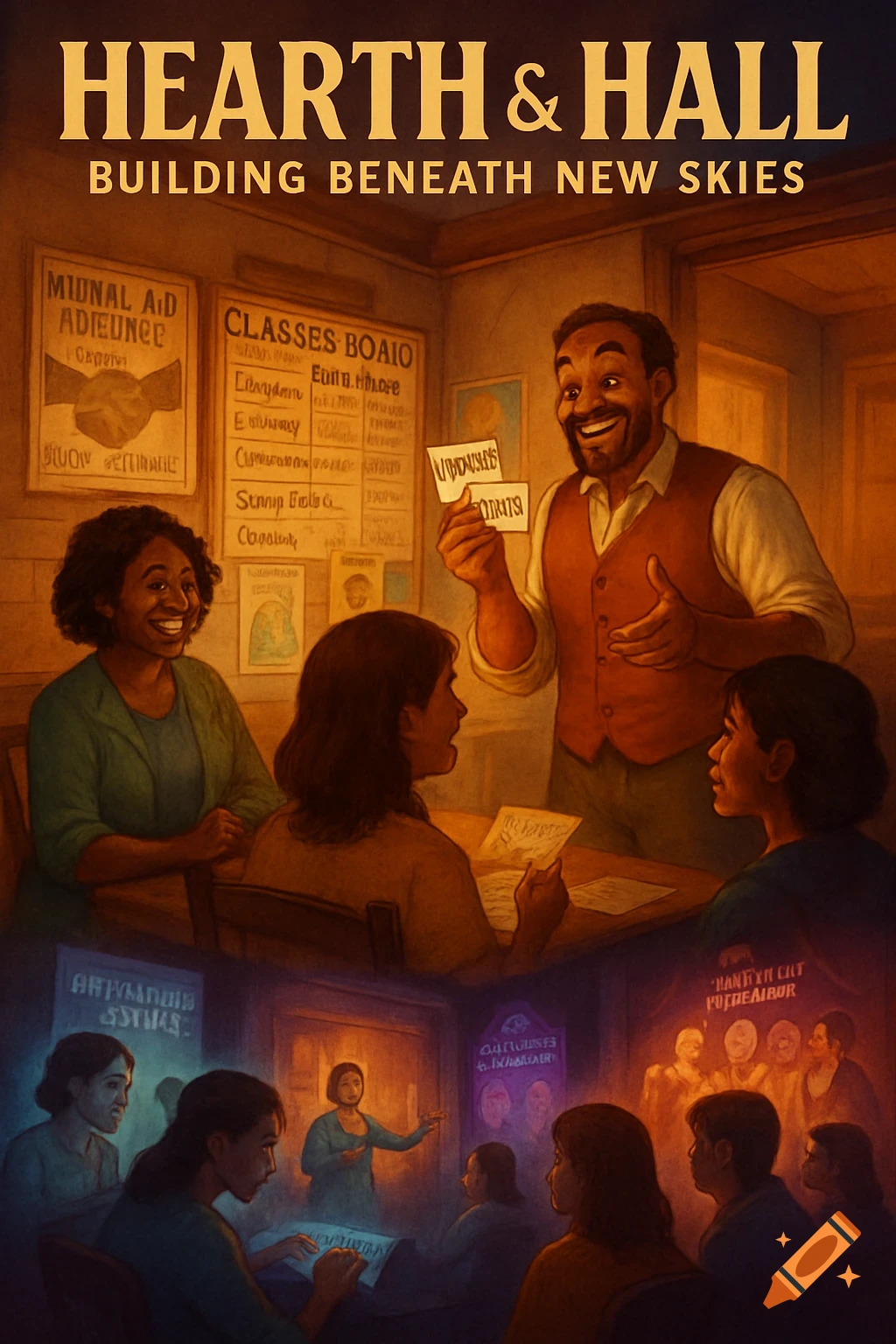 An illustration in two panels. The top shows a diverse group in a warm, cozy room. A man holds cards, smiling at two women. The bottom shows a darker scene of people in a meeting or class.