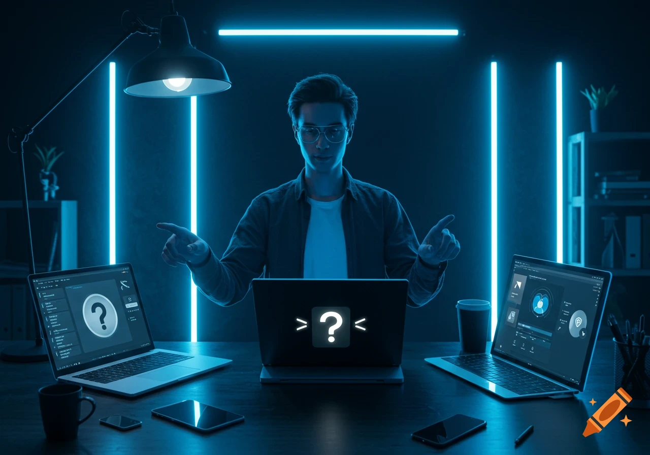 A person sits at a desk surrounded by three laptops with glowing blue screens showing question marks, bathed in blue neon light, suggesting cybersecurity.