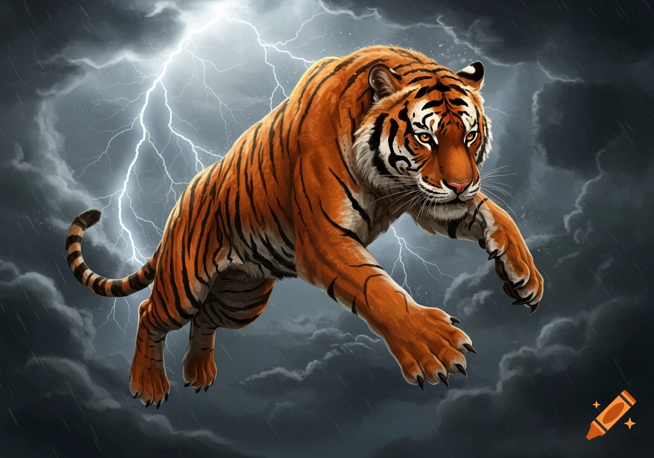 A powerful Bengal tiger leaps through a stormy, lightning-filled sky. Illustrated digital art.