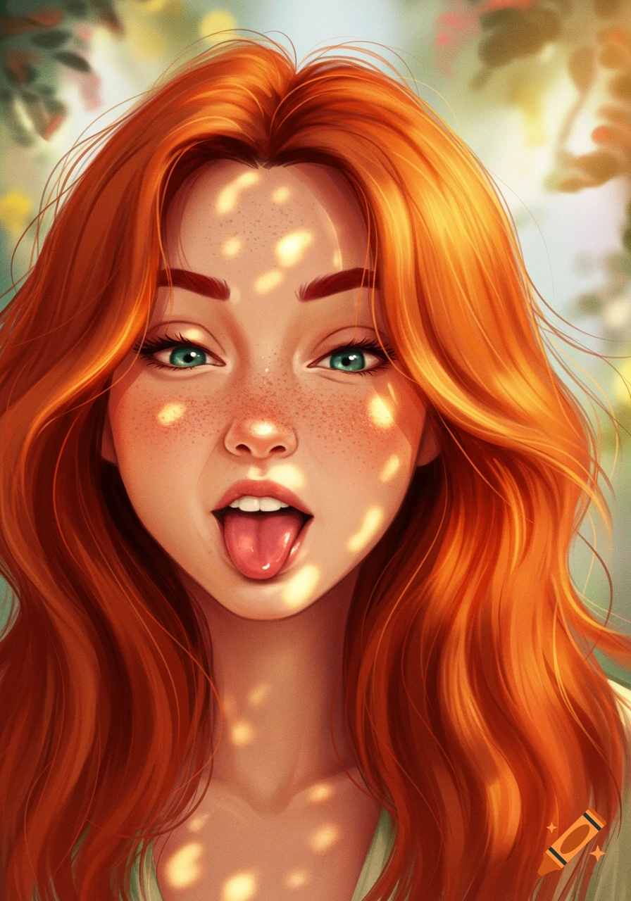 Digital art portrait of a red-haired woman with green eyes, freckles, sticking out her tongue, bathed in dappled sunlight.