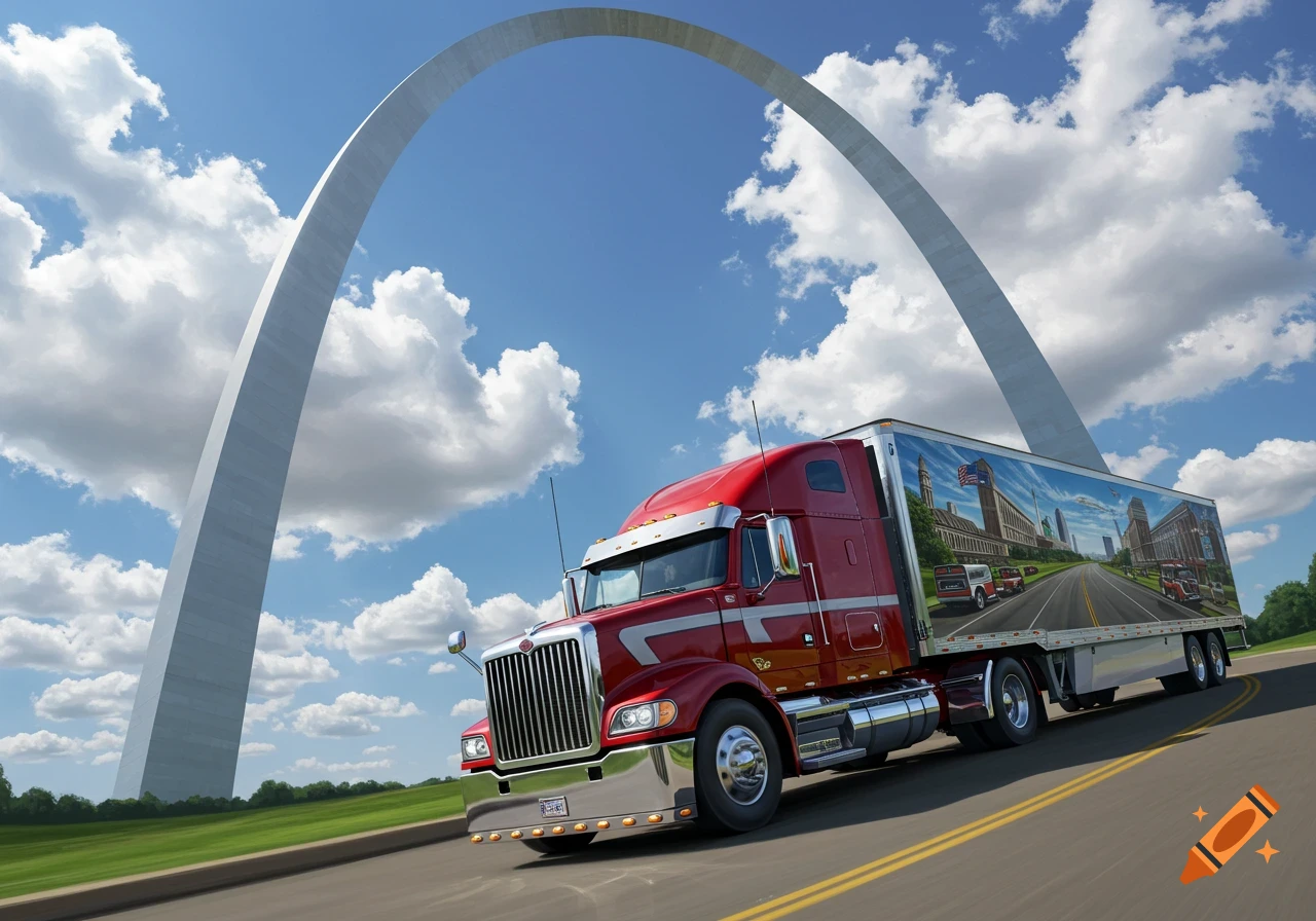 A photorealistic image of a red semi-truck driving on a road, passing under the iconic Gateway Arch in St. Louis against a blue sky with white clouds. The truck's trailer features a cityscape mural.