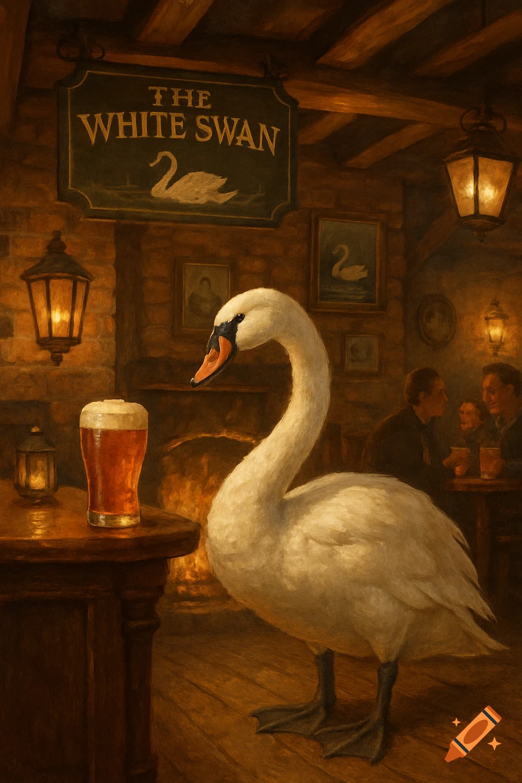 A white swan stands next to a pint of beer on a wooden table in a dimly lit, traditional English pub, under a sign reading 'THE WHITE SWAN'.