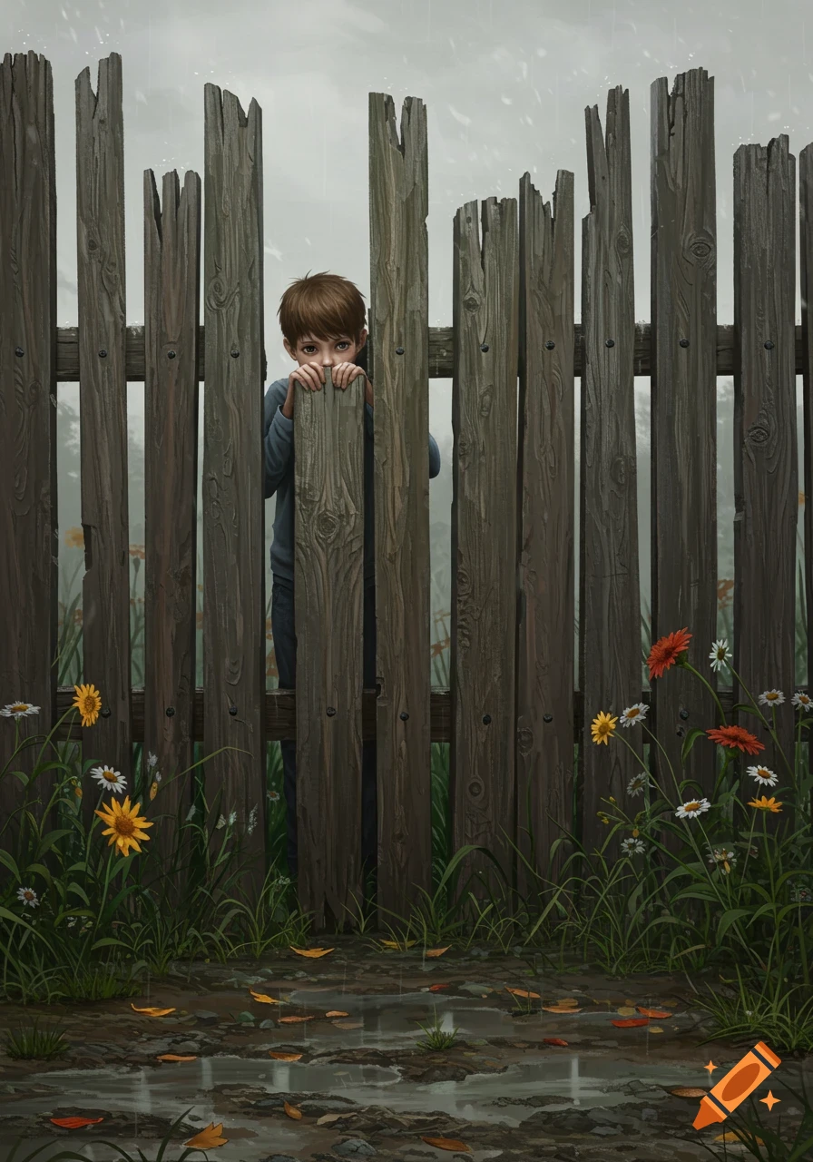 A young boy with sad eyes peeks through a weathered wooden fence, surrounded by wildflowers and puddles in an illustrative style.