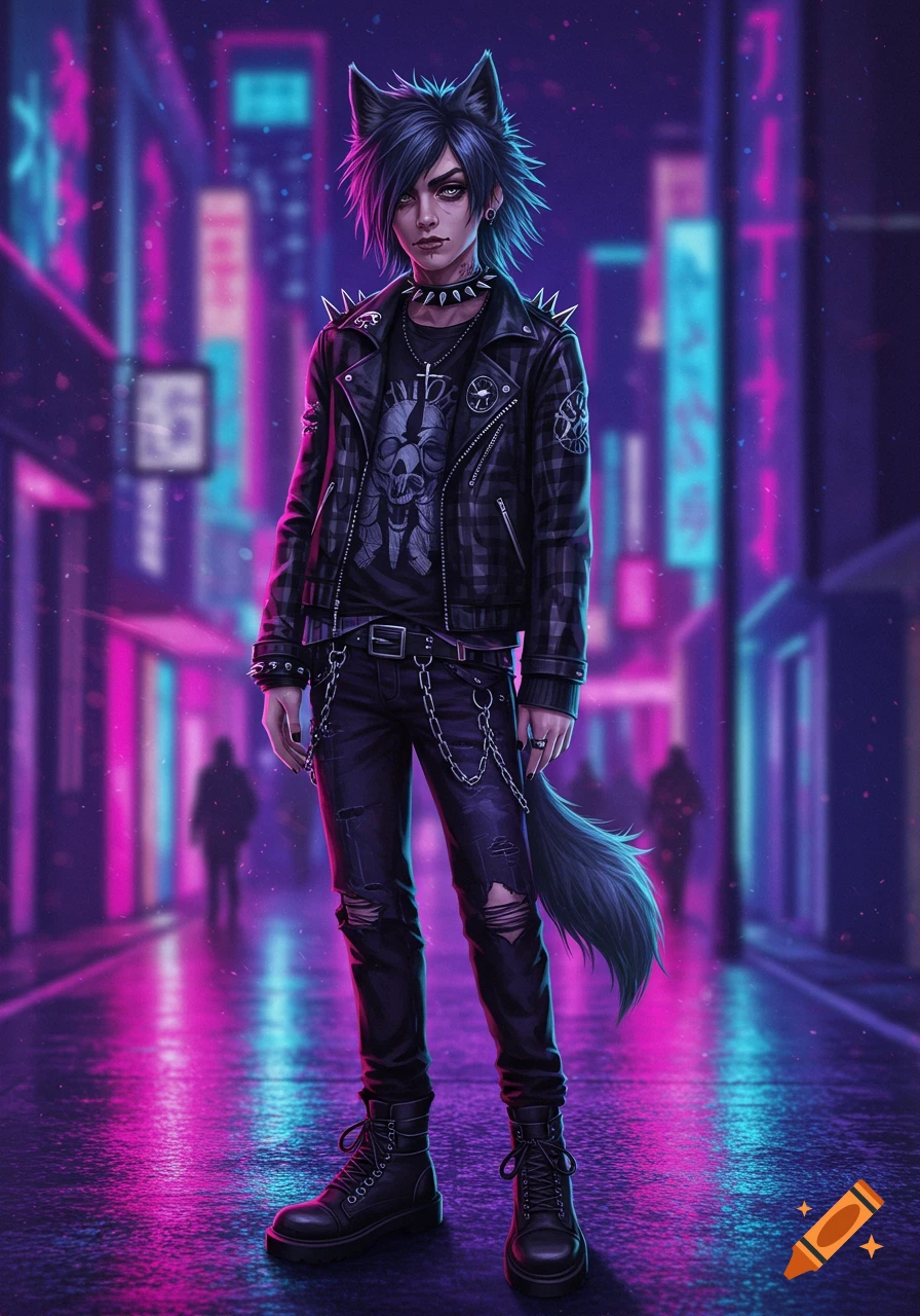 An anime-style punk character with wolf ears and tail stands in a neon-lit cyberpunk alley.