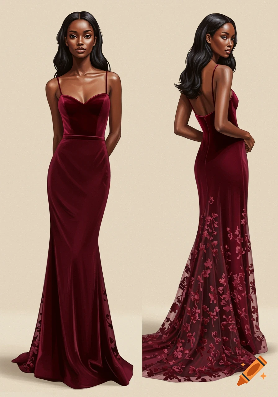 A woman models a deep burgundy velvet evening gown, shown front and back against beige. It has a sweetheart neckline and a floral patterned train.