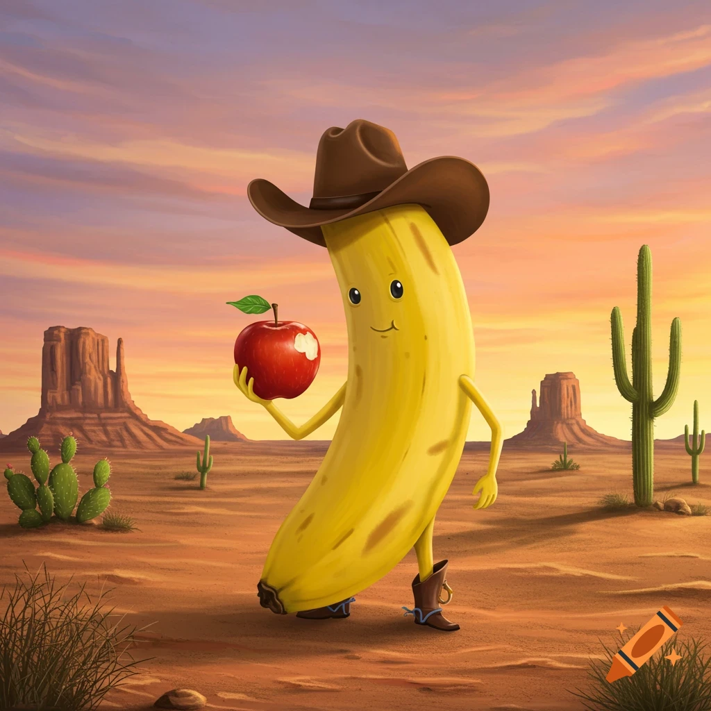 A cartoon banana wearing a cowboy hat and boots, holding a red apple with a bite taken out of it, stands in a desert landscape.