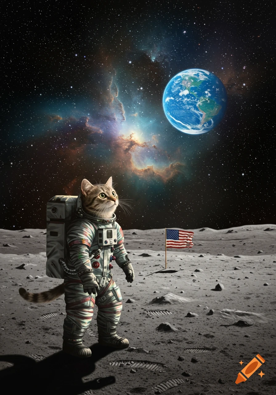 A photorealistic cat astronaut stands on the moon next to an American flag, with Earth and a colorful nebula in the starry background.
