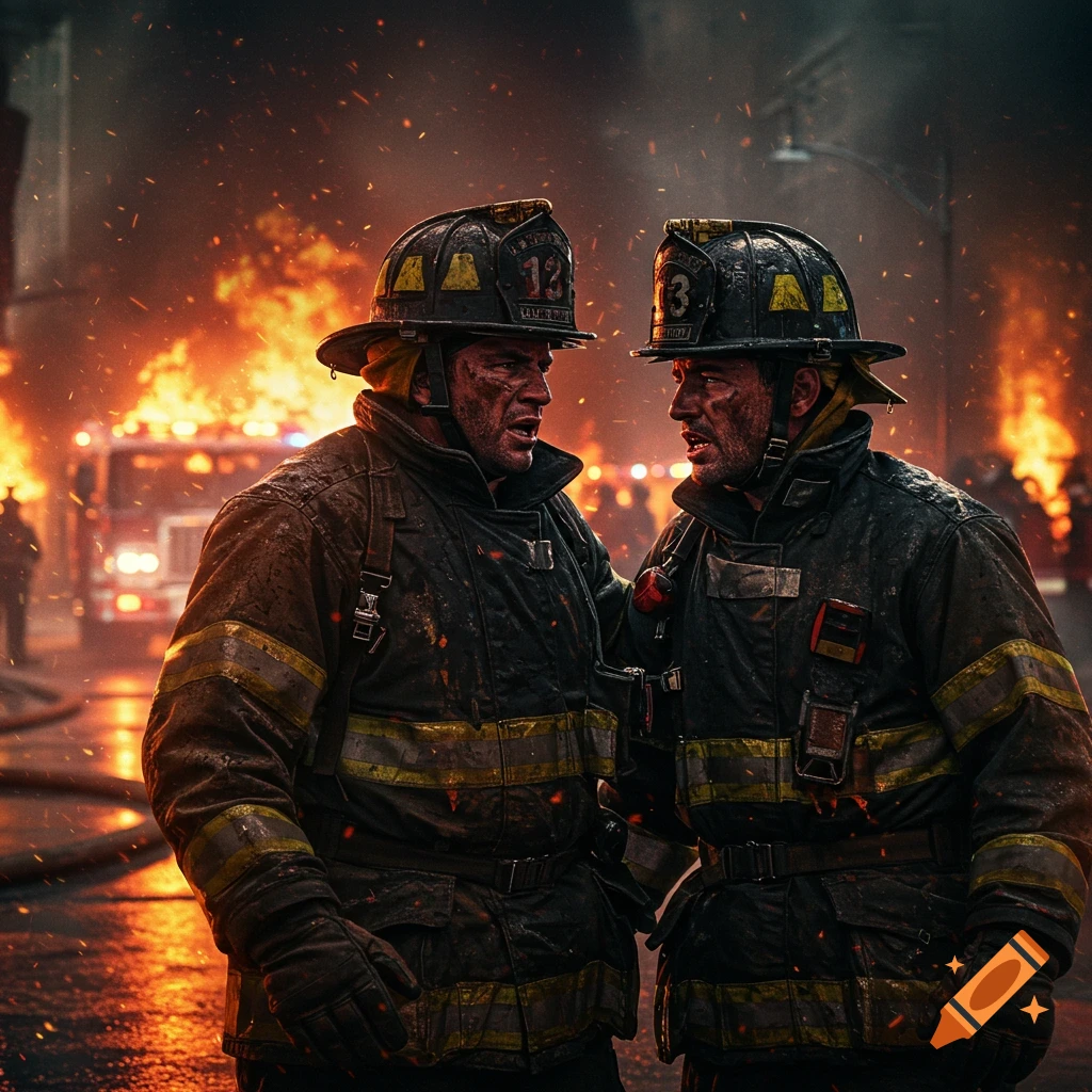 Two dirty firemen face each other in front of a raging fire and a fire truck, looking weary in a dramatic, photorealistic style.