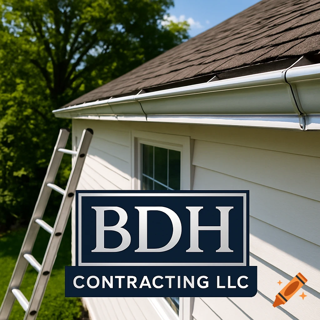 Photorealistic image of a ladder against a house with new gutters and a 'BDH Contracting LLC' logo.