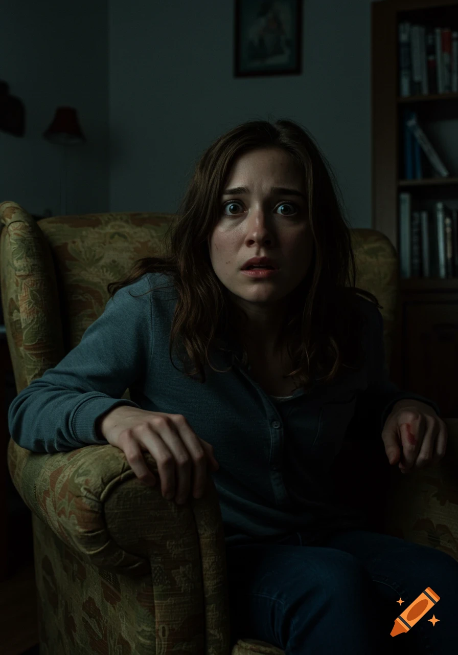 A wide-eyed young woman, looking fearful with blood on her hand, sits in a dimly lit armchair.