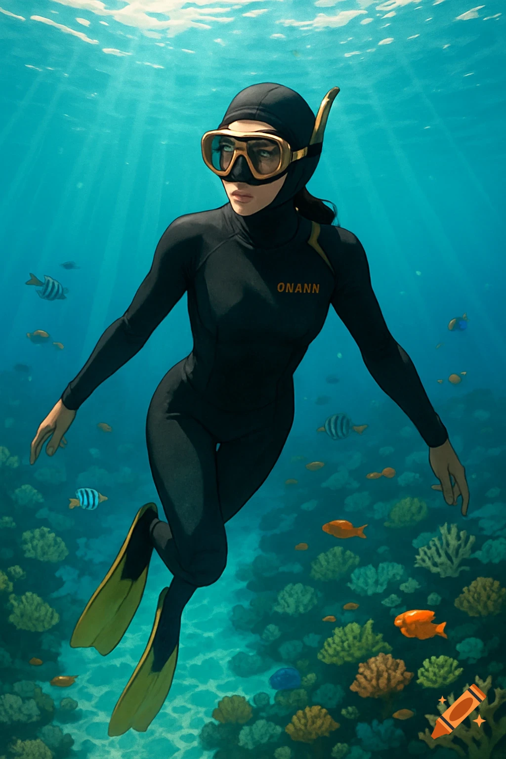 A woman in a black wetsuit, golden mask, and fins swims underwater surrounded by coral reefs and tropical fish, with sunlight shining through the surface.