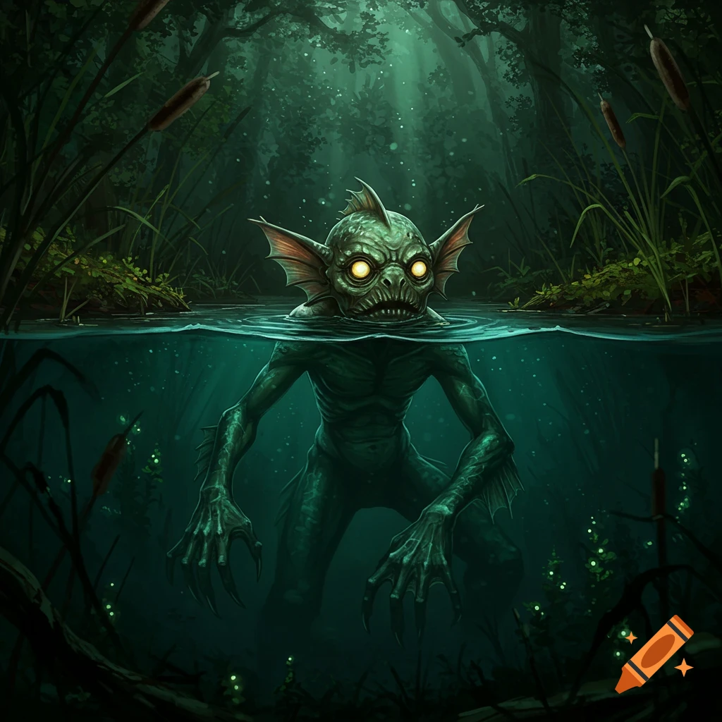 A green, monstrous goblin fish creature with glowing eyes emerges from dark swamp water in a forest.