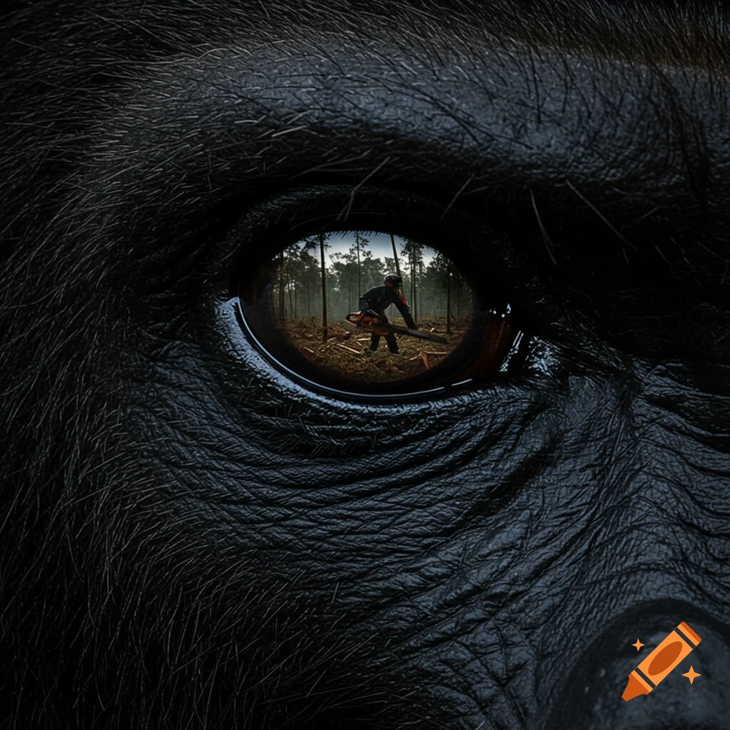 Close-up, hyperrealistic image of a gorilla's eye, reflecting a man with a chainsaw in a deforested forest.