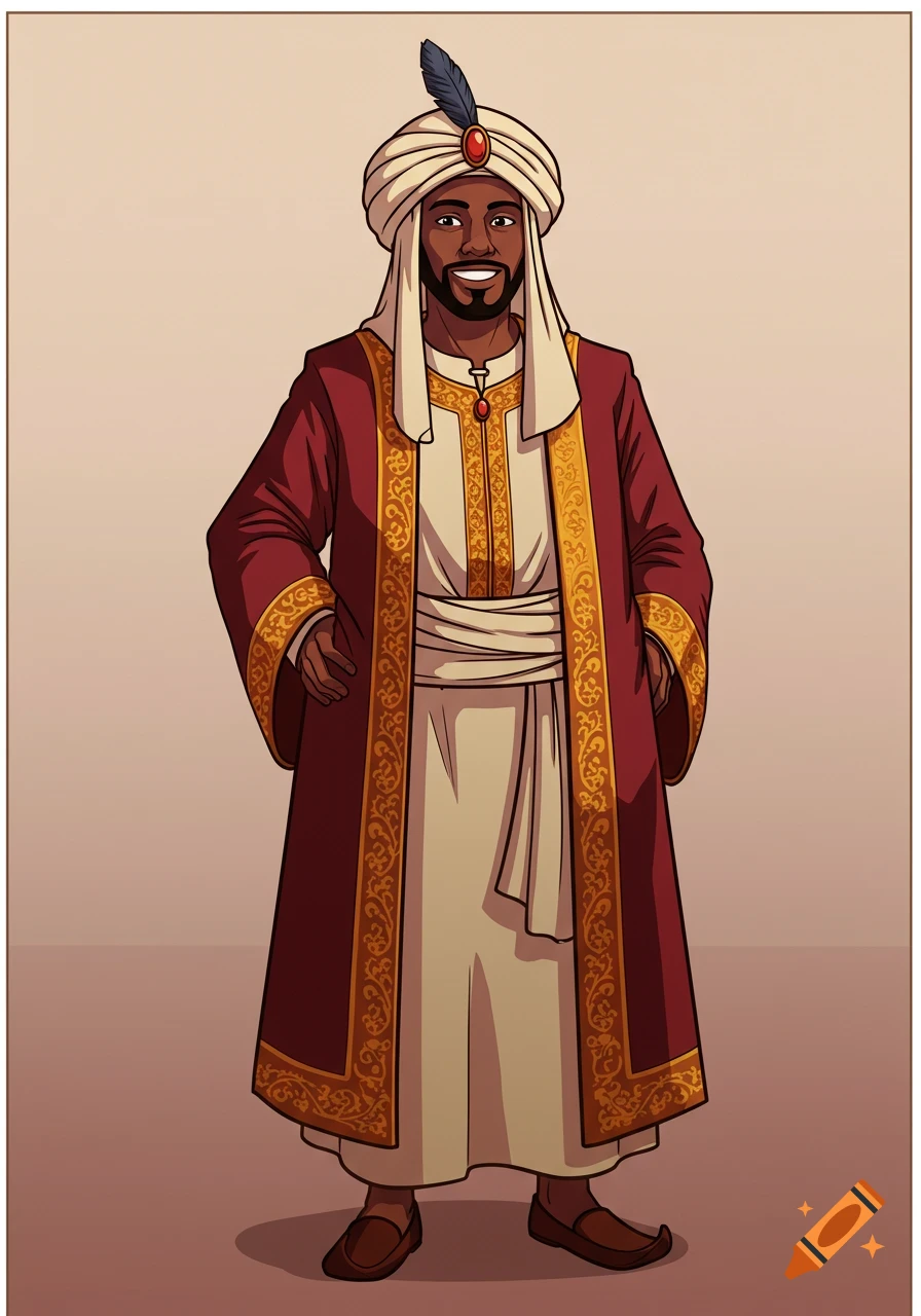 A full-body cartoony illustration of a smiling Black man in ancient red and gold Arab robes and a white turban with a feather.