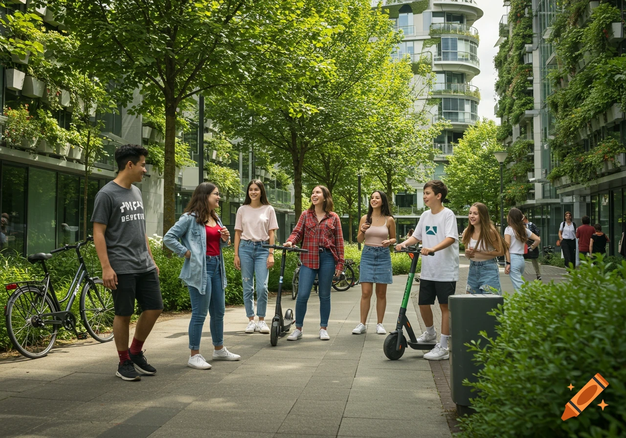 A group of teens with scooters and a bicycle on a paved path in a modern, green city, looking at each other and smiling.