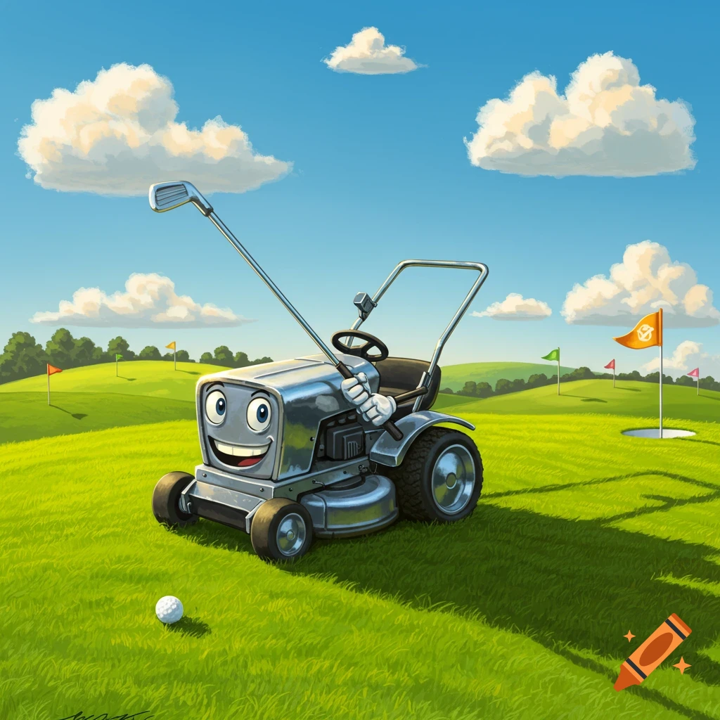 A cartoon lawnmower with a happy face holds a golf club on a green golf course under a blue sky.