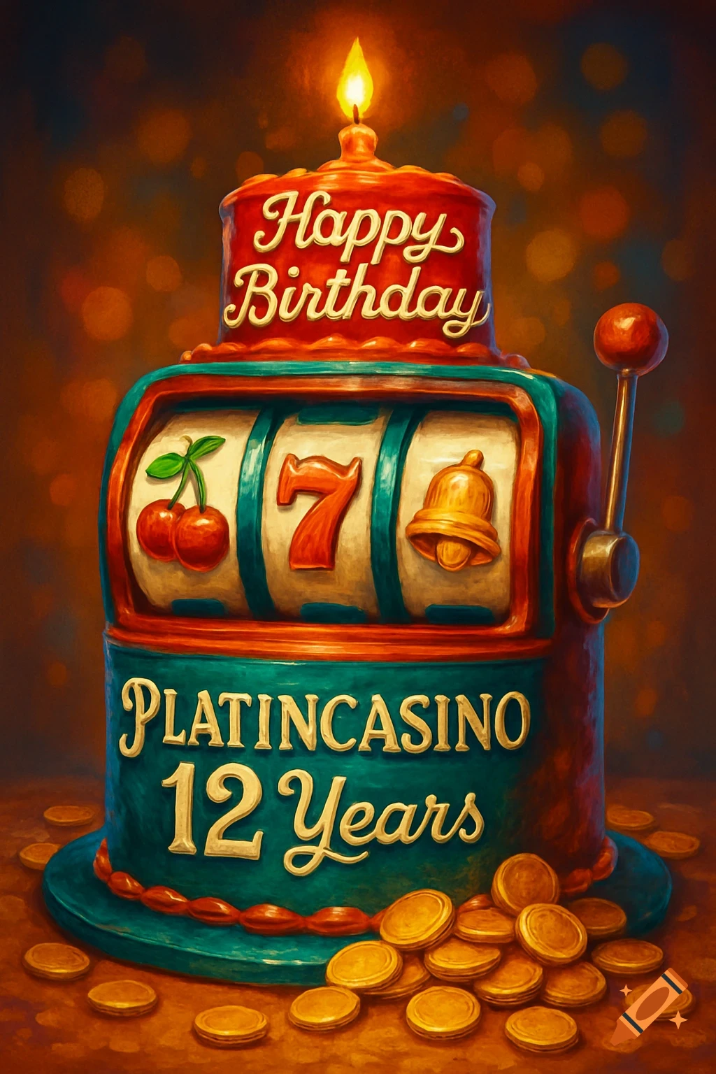 A stylized birthday cake shaped like a slot machine, with a lit candle, cherries, a 7, a bell, and gold coins. Text reads "Happy Birthday" and "PLATINCASINO 12 Years".