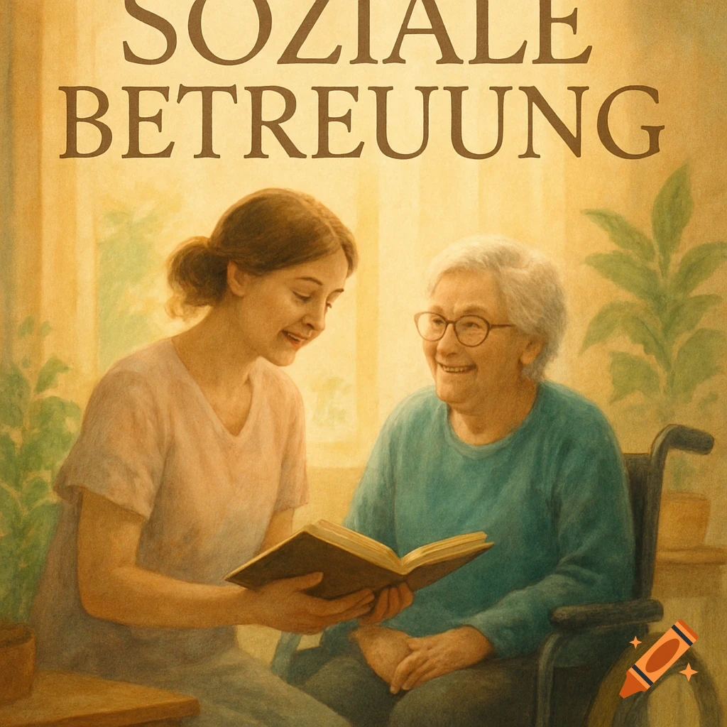Painted scene of a younger woman reading to an elderly woman in a wheelchair, with 'SOZIALE BETREUUNG' text.