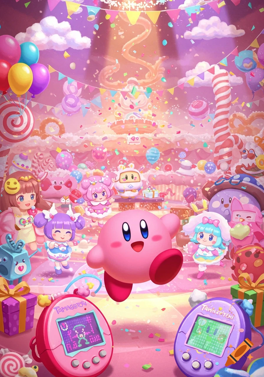 Kirby floats happily amidst anime-style characters, candy, confetti, and two Tamagotchi devices at a vibrant pink party.