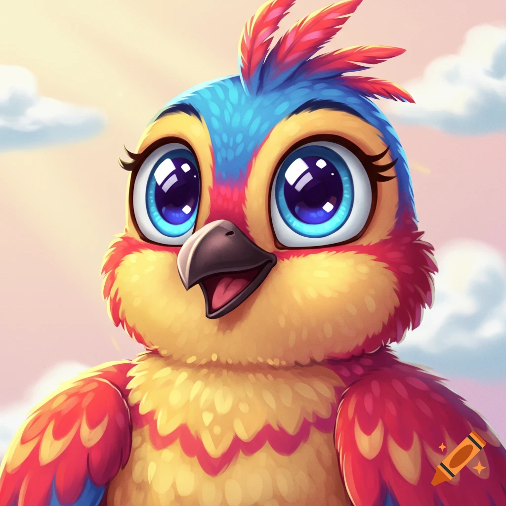 Close-up of a cute, colorful cartoon bird with big blue eyes and an open beak against a soft, cloudy sky.