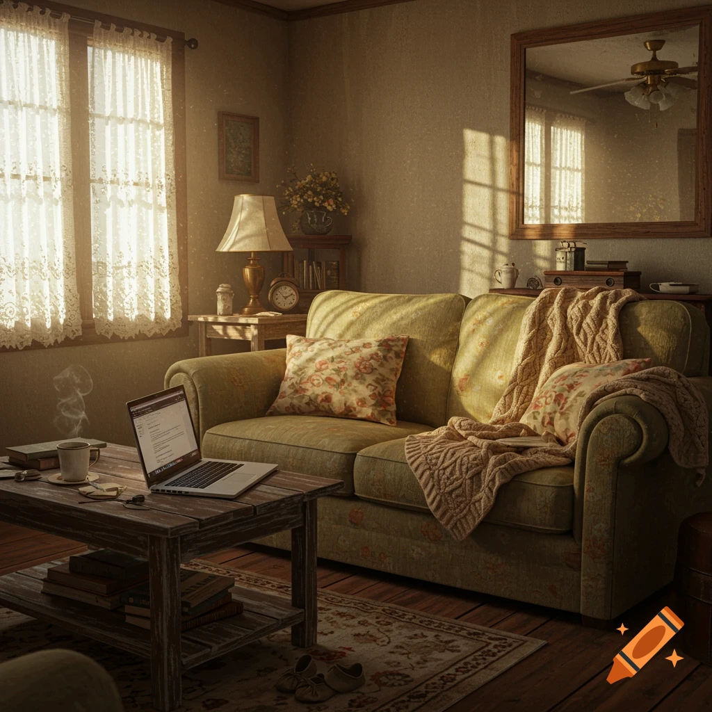 A cozy, sunlit living room with a green floral couch, a laptop on a wooden coffee table, and lace curtains.