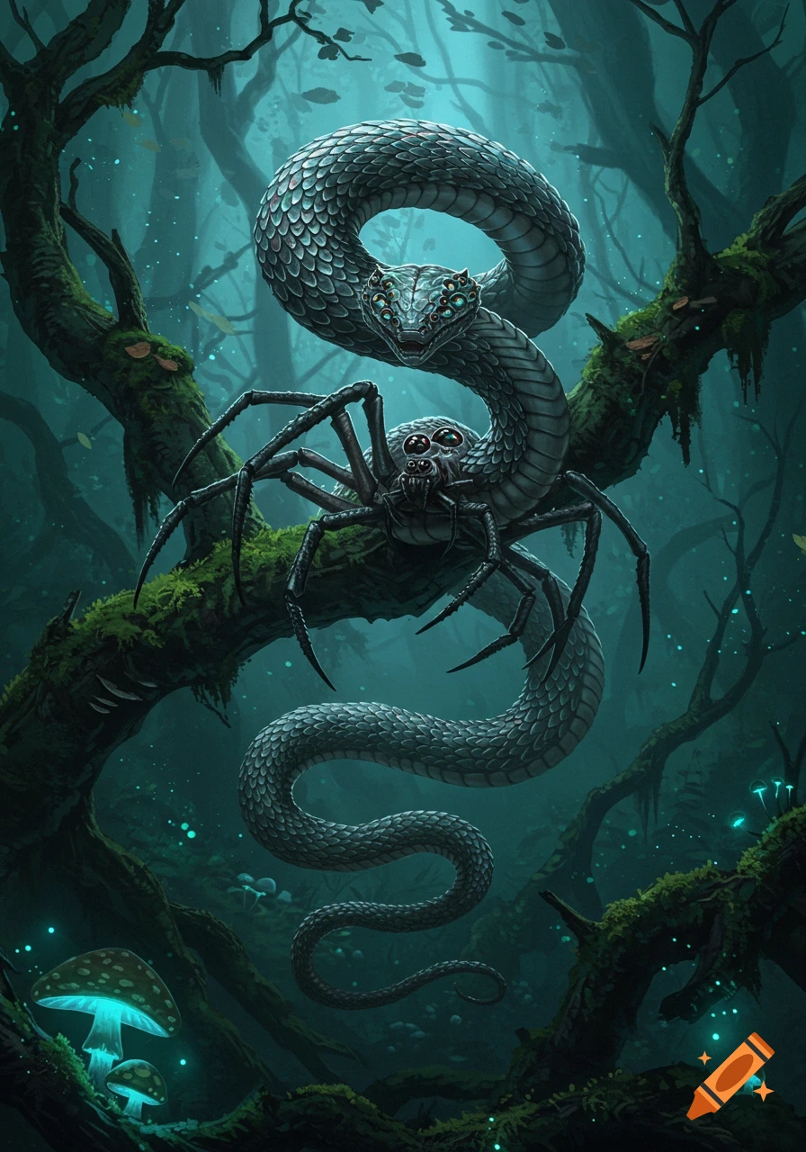 A grey snake-spider hybrid with multiple eyes coils around a mossy branch in a dark, glowing fantasy forest. Digital art.