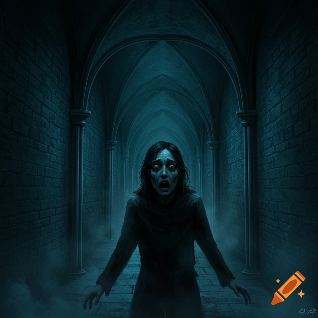 A terrified person with wide eyes and an open mouth stands in a dark, vaulted gothic hallway filled with mist, digital art.