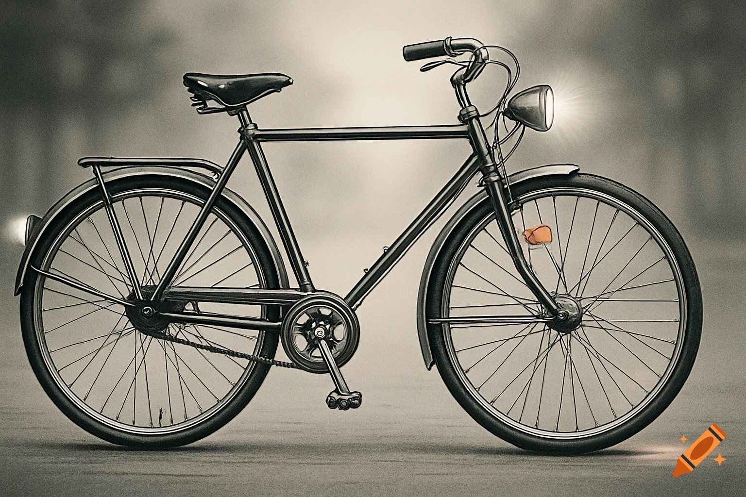 A vintage black bicycle with a glowing headlight and taillight, seen from the side in a monochrome setting.