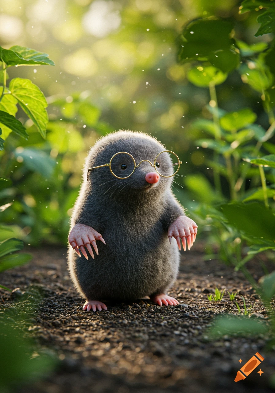 A cute, fluffy mole wearing round gold glasses stands on dirt in a sunlit garden.