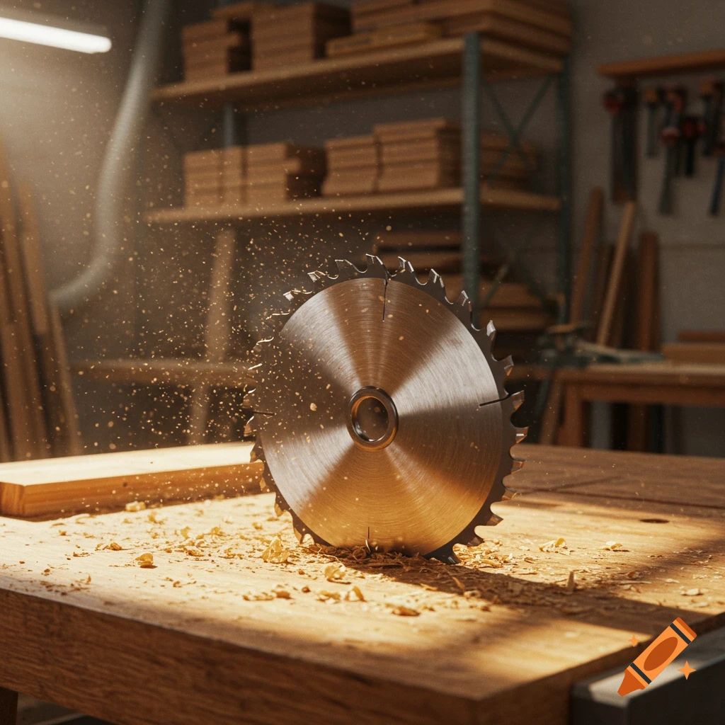 A sharp circular saw blade stands upright on a dusty wooden workbench in a sunlit carpentry workshop.