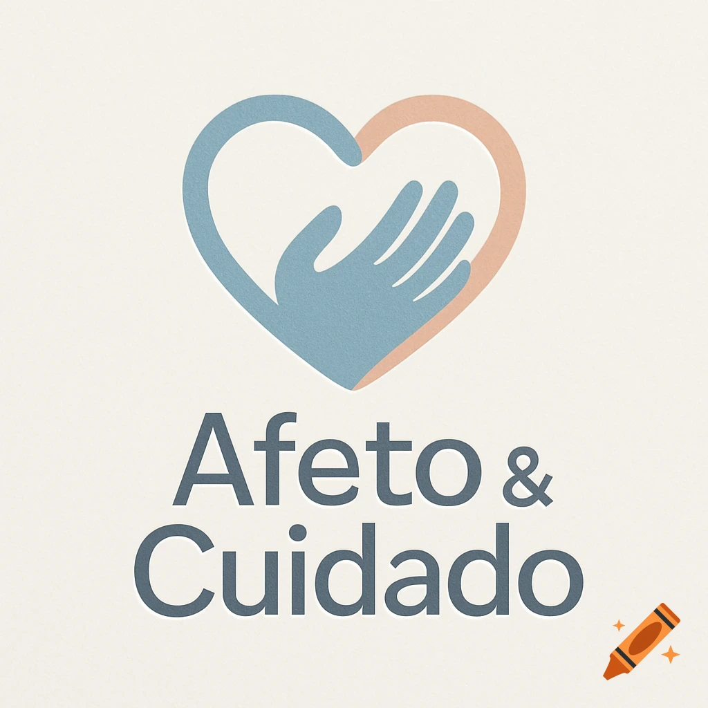 Logo featuring a blue hand cradled by a peach-colored hand inside a heart shape, with 'Afeto & Cuidado' text below.