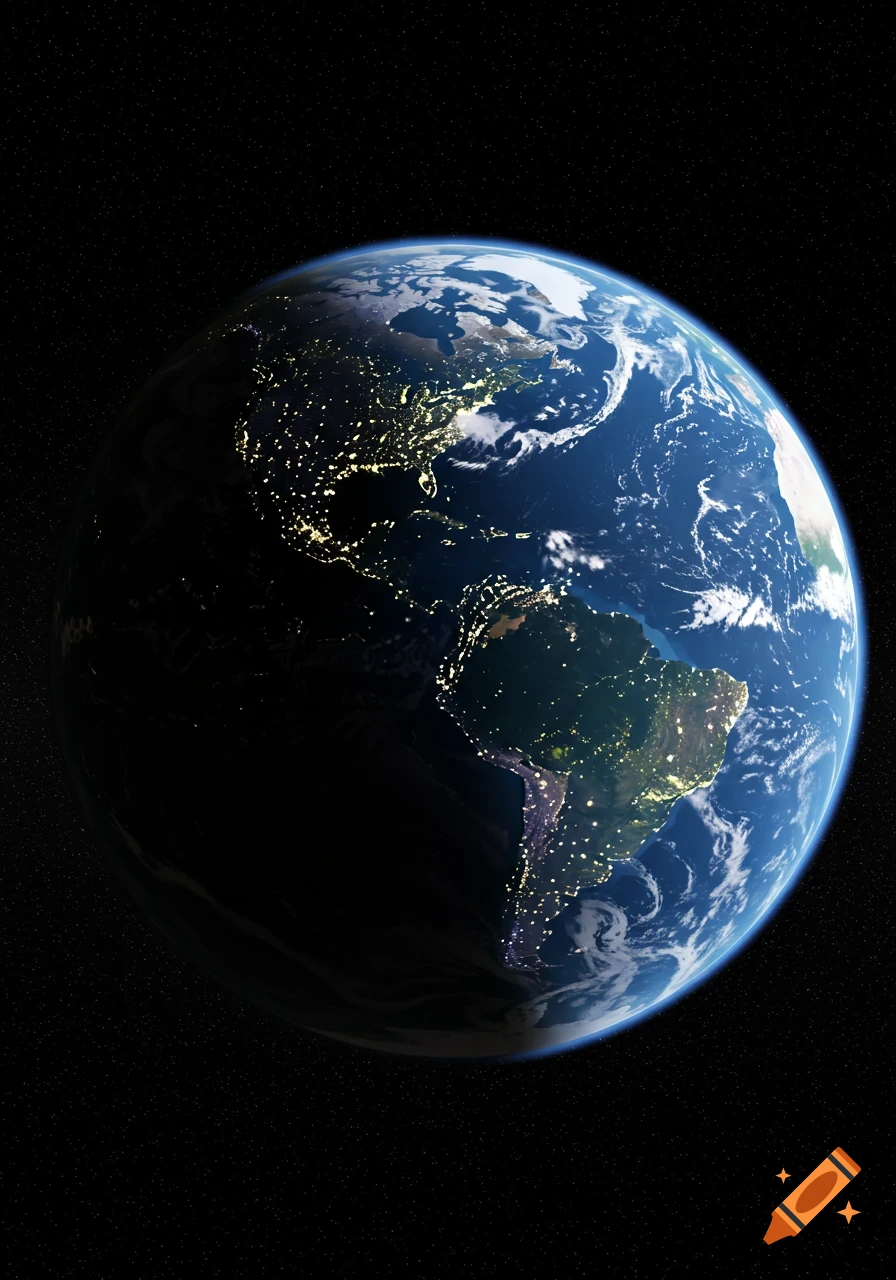 A detailed, photorealistic view of Earth from space, showing North and South America with city lights glowing on the night side.