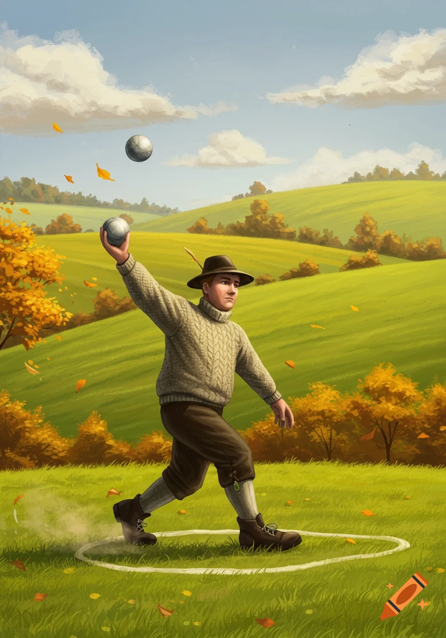 Illustration of a man in a sweater and hat playing an outdoor ball game in an autumn field with rolling hills.