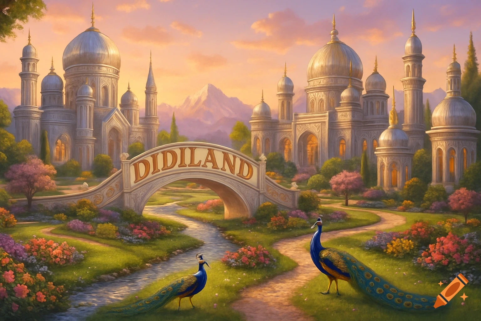 A beautiful fantasy landscape with grand domed buildings, a bridge labeled "DIDILAND" over a winding river, colorful flowers, and two peacocks under a vibrant sunset sky.