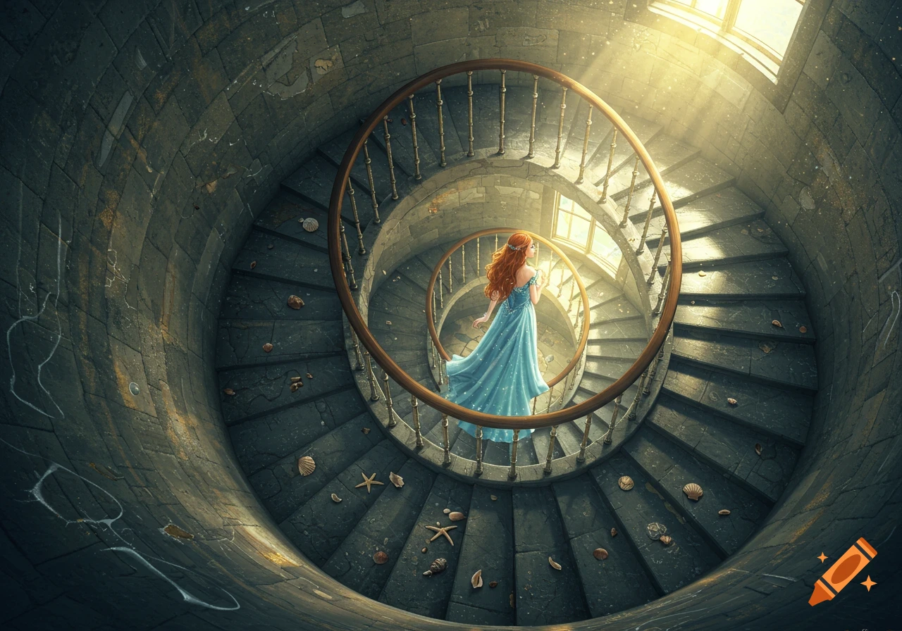 A red-haired woman in a blue dress ascends a winding spiral staircase inside a stone lighthouse, lit by a bright window above. Seashells are scattered on the steps in this fantasy illustration.