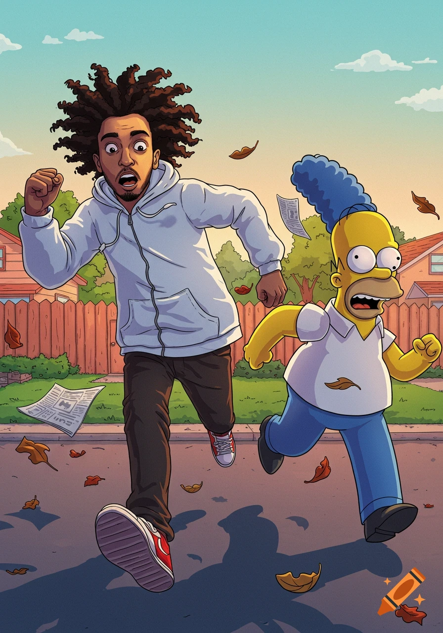 A cartoon man with curly hair in a white hoodie runs down a street next to a startled Homer Simpson, surrounded by autumn leaves and a newspaper.