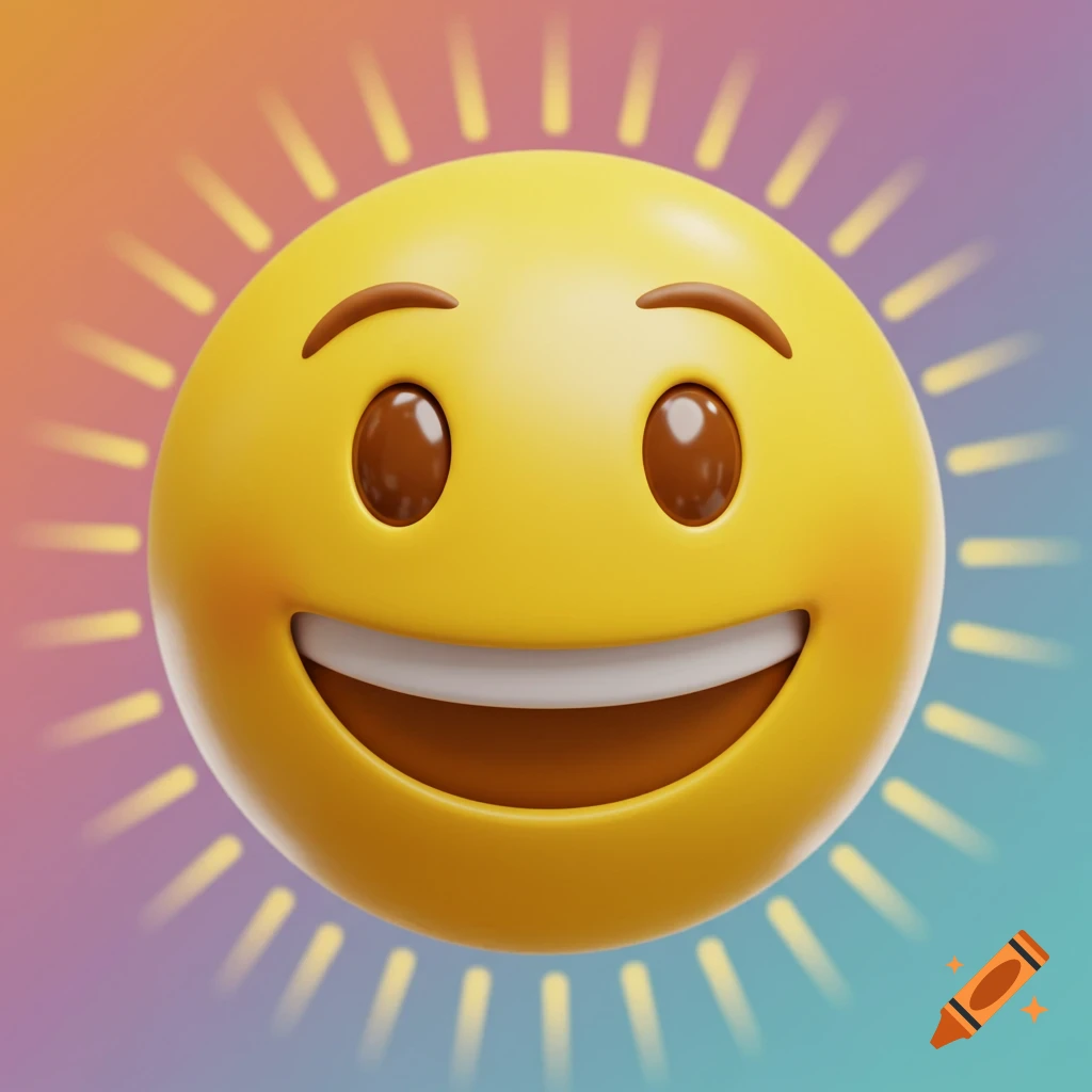 A bright yellow 3D smiling emoji with brown eyes, eyebrows, and a wide smile, surrounded by glowing rays on a colorful gradient background.