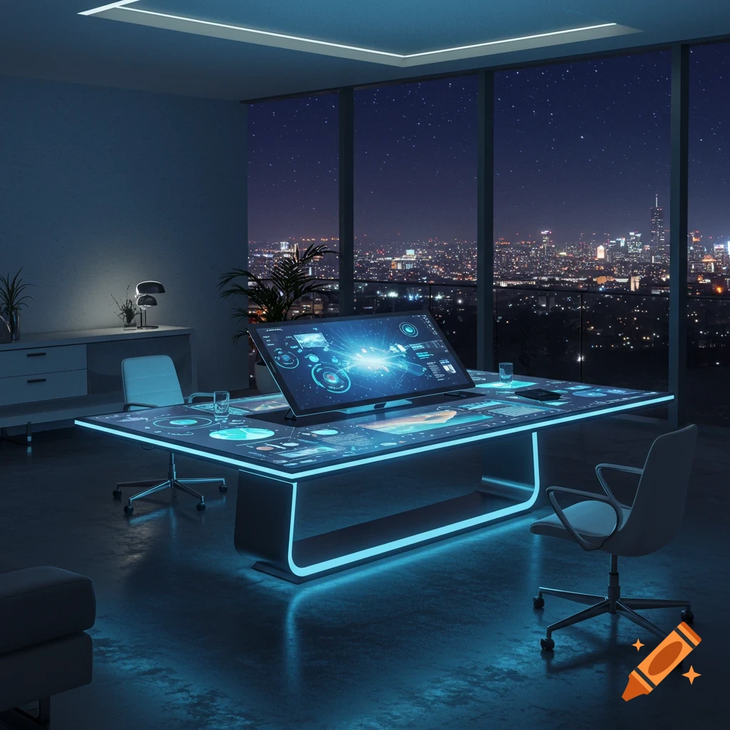 A modern office at night features a large, glowing digital desk with interactive screens, overlooking a vibrant city skyline.