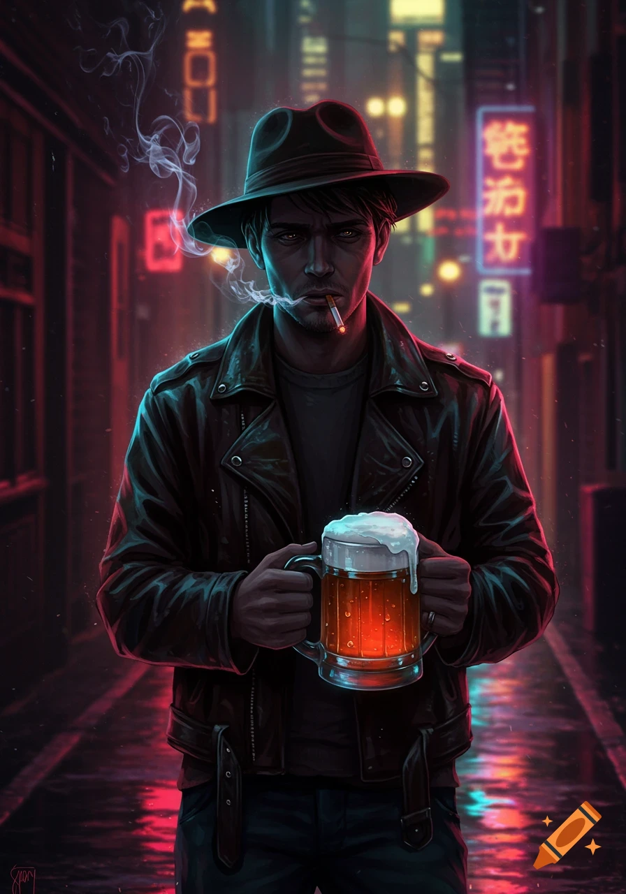 A man in a fedora and leather jacket smokes a cigarette and holds a frothy beer mug in a dark, neon-lit alley at night.