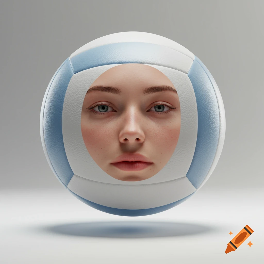 A photorealistic human face with blue eyes and light skin seamlessly integrated into a white and light blue volleyball, floating against a gray background.