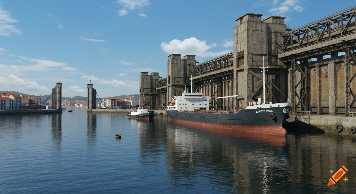 A large cargo ship and a smaller boat are docked by industrial silos in a port under a blue sky, with a drawbridge visible in the distance.