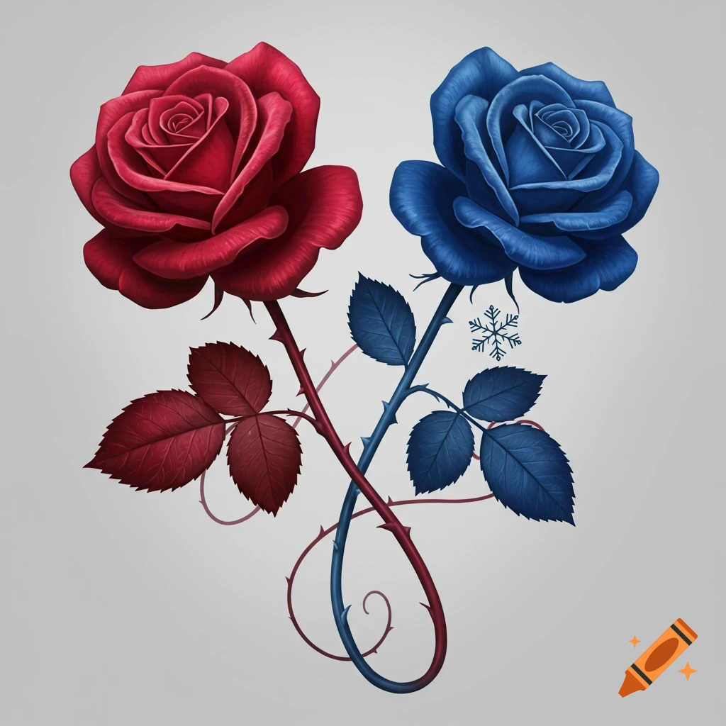 An illustration of a red rose and a blue rose with entwined stems and dark leaves. A small snowflake floats near the blue rose.