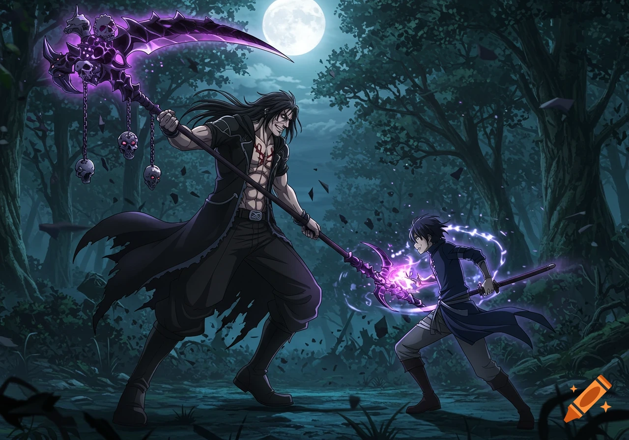 Two anime warriors clash in a dark forest under a full moon, one wielding a glowing purple scythe, the other a sword with mystical energy.