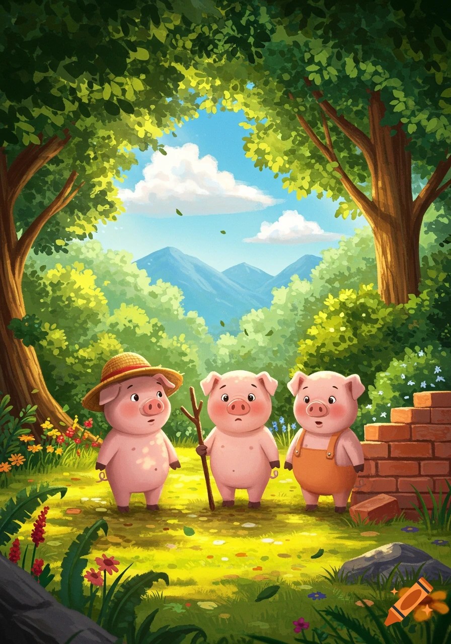 Three cartoon pigs, one in a straw hat, one with a stick, and one in overalls, stand in a sunny forest clearing with a brick wall to their right.