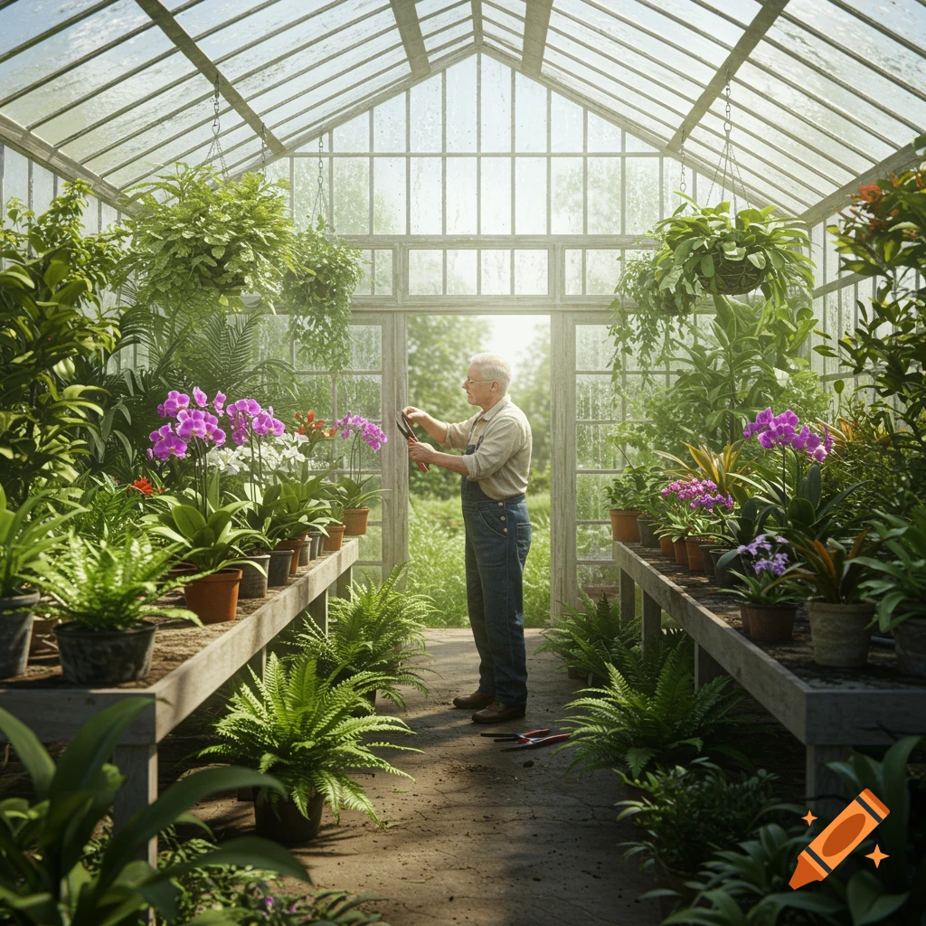 An older gardener, wearing overalls, prunes plants in a sunlit glass greenhouse filled with many potted plants and vibrant flowers.