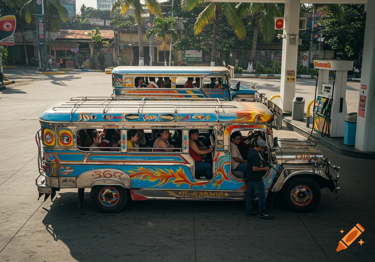 Colorful jeepneys filled with passengers at a gas station in a busy city, one being fueled.