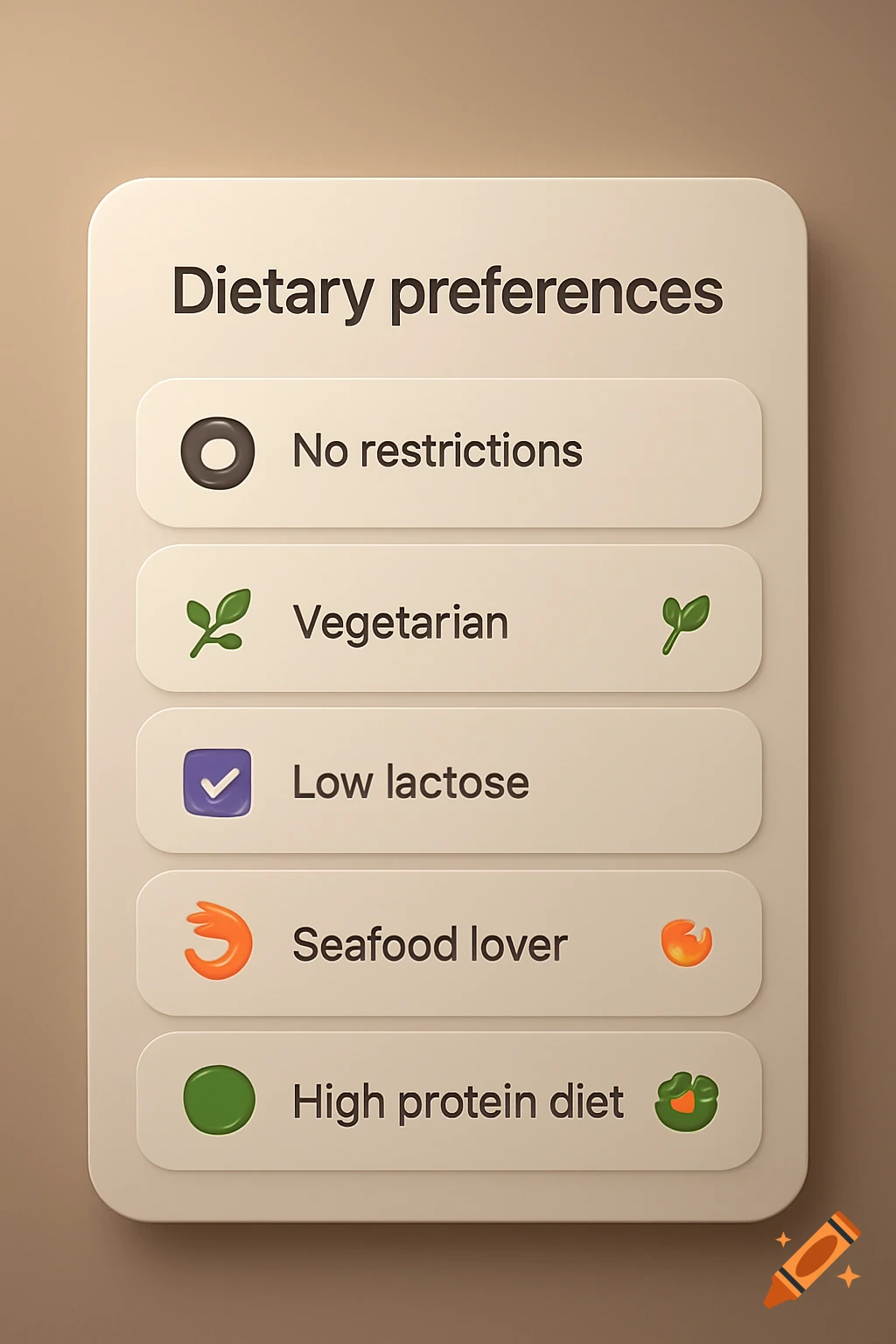 Minimalist app screen titled 'Dietary preferences' with options: No restrictions, Vegetarian, Low lactose, Seafood lover, High protein diet.