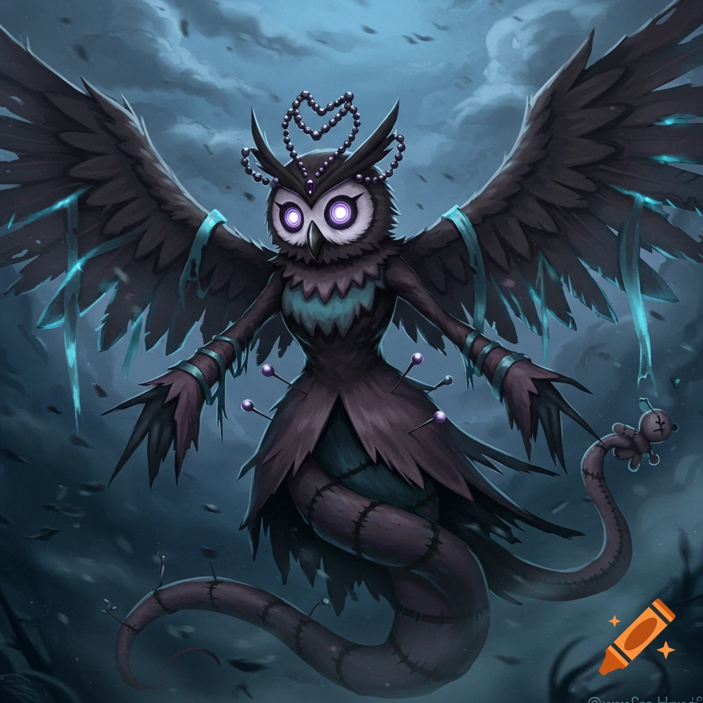 A dark owl-like fantasy creature with glowing purple eyes, a beaded crown, and voodoo pins, with a snake-like tail holding a small voodoo doll, digital art.