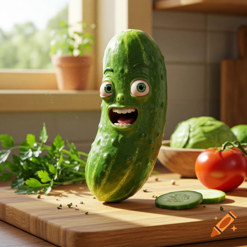 A whimsical, photorealistic cucumber with a wide open mouth and big eyes stands on a kitchen cutting board with other vegetables.
