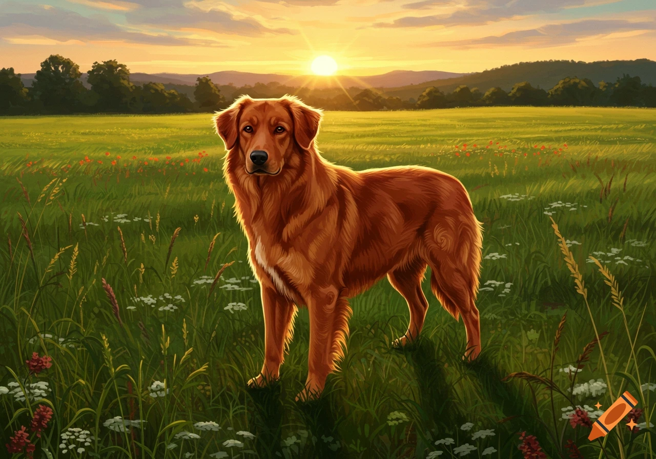 An illustrative reddish-brown dog stands in a green field with wildflowers during a sunset.